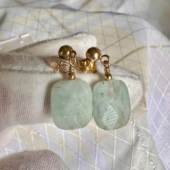 Vintage Green Stone 14KTGP Earrings - Picture 6 of 11